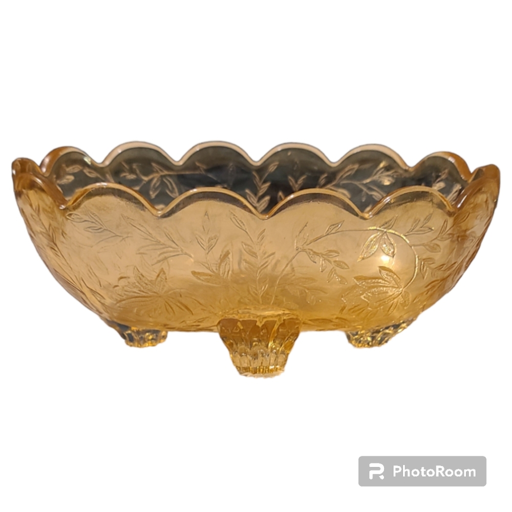 Vintage Amber Colored Depression Glass Footed Floral Designed Trinket Candy Dish